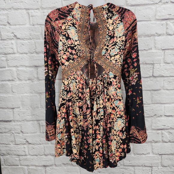 Free People Black Multi Boho Bell Sleeve Stevie Tunic Mini Dress Extra Small - Picture 9 of 16